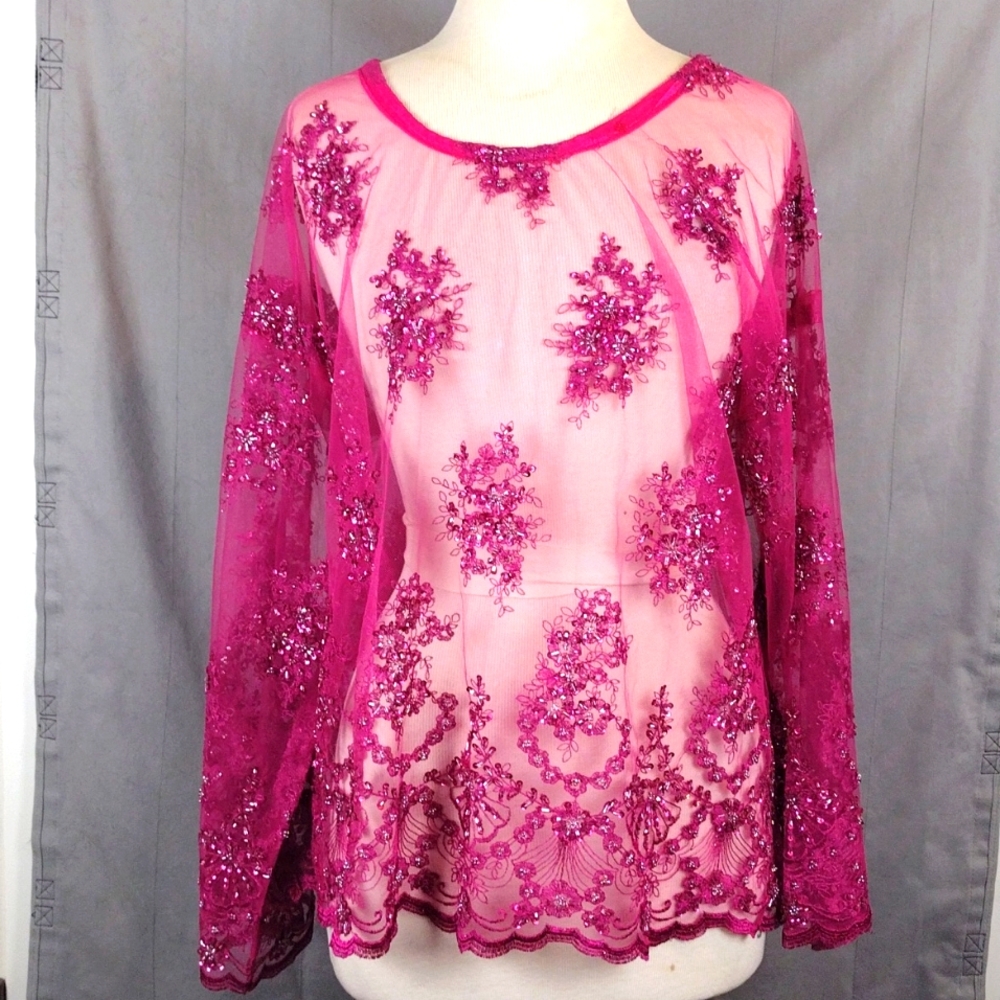 Fuscia embroidered tulle blouse